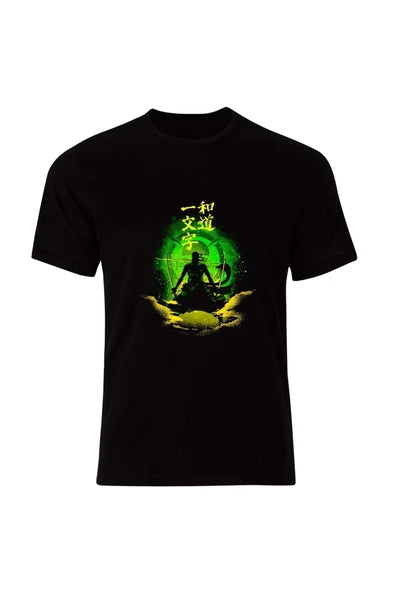 fame-stoned  One Piece Zoro Karakterli Anime Baskılı Unisex %100 Pamuk Siyah T-shirt