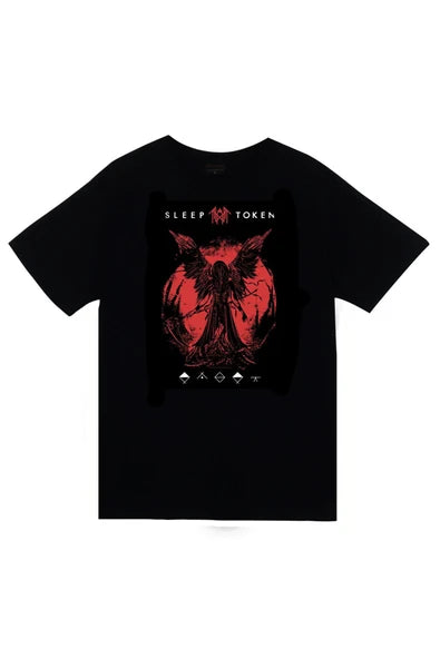fame-stoned  Sleep Token Müzik Grubu Baskılı Unisex %100 Pamuk Siyah T-shirt