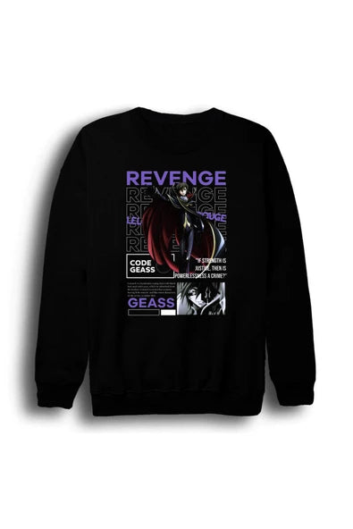 fame-stoned Lelouch Lamperouge - Code Geass - Anime Baskılı Unisex %100 Pamuk Siyah Bisiklet Yaka Sweatshirt