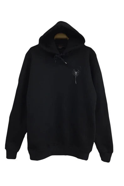 Üfleyen Çiçek baskılı siyah kapüşonlu sweatshirt