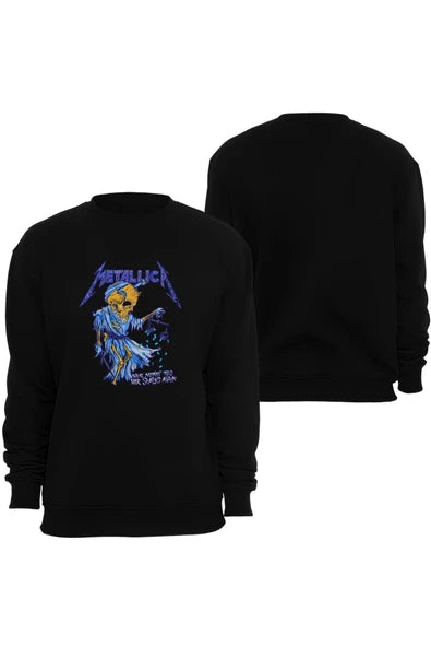 Metallica Logosu ve mavi kanatlı baskılı siyah sweatshirt