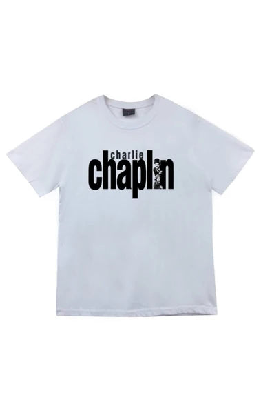 fame-stoned  Charlie Chaplin Baskılı Unisex %100 Pamuk Beyaz T-shirt