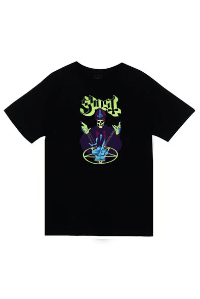 Ghost Logosu, maskeli figür baskılı siyah tişört
