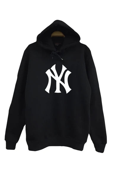 New York baskılı siyah kapüşonlu sweatshirt