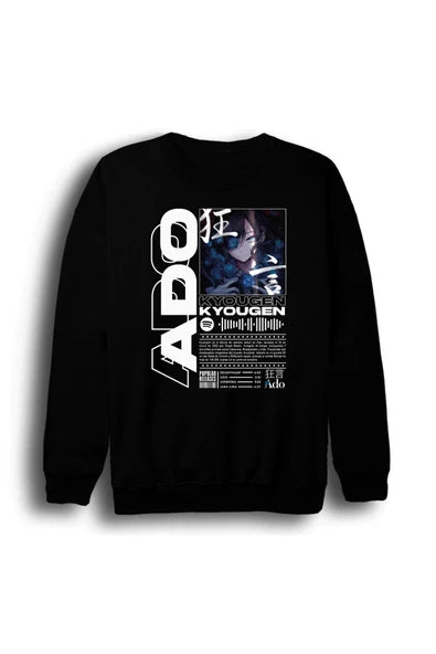 fame-stoned Ado Japon - K-Pop - Rock - Müzik Baskılı Unisex %100 Pamuk Bisiklet Yaka Siyah Sweatshirt