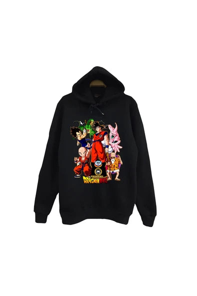 fame-stoned Dragon Ball Z Anime Baskılı Unisex %100 Pamuk Kapüşonlu Siyah Sweatshirt