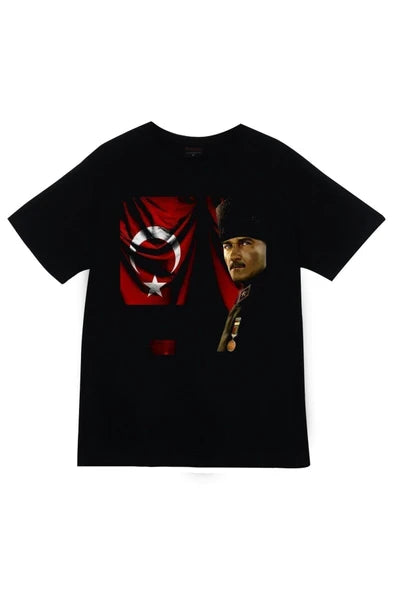 fame-stoned  Gazi Mustafa Kemal Atatürk Baskılı Unisex %100 Pamuk Siyah T-shirt