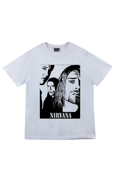 Nirvana Logosu ve Kurt Cobain baskılı beyaz tişört