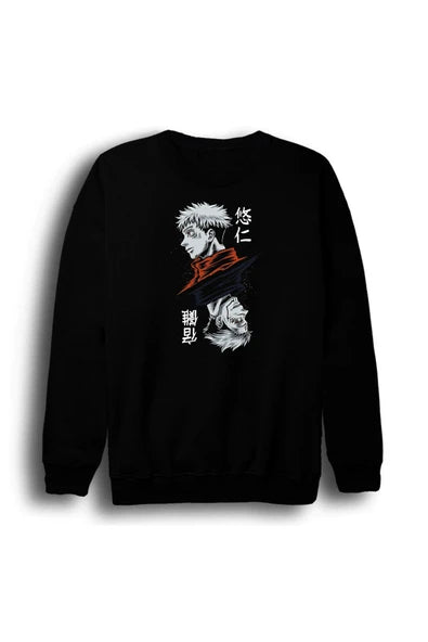 fame-stoned Jujutsu Kaisen Anime Baskılı Unisex %100 Pamuk Siyah Bisiklet Yaka Sweatshirt