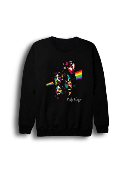 Pink Floyd Renkli parçalı prizma baskılı siyah sweatshirt