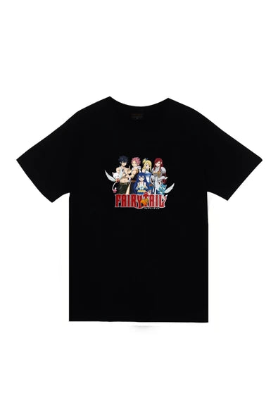 fame-stoned  Fairy Tail Anime Baskılı Unisex %100 Pamuk Siyah T-shirt