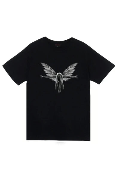 fame-stoned  Melek Baskılı Unisex %100 Pamuk Siyah T-shirt