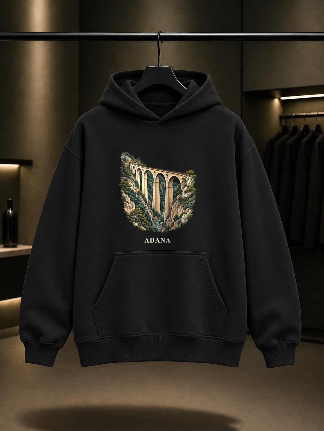 Adana Varda Köprüsü baskılı siyah kapüşonlu sweatshirt