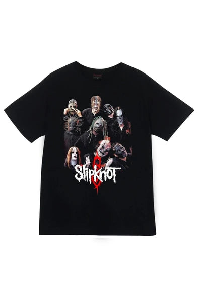 Slipknot Logosu ve maskeli dokuz baskılı siyah tişört