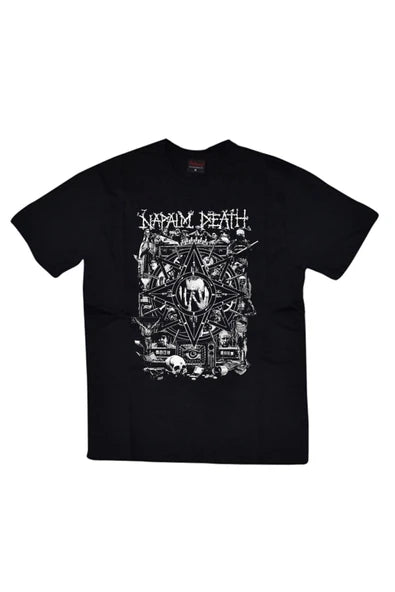 Napalm Death Logosu ve yoğun siyah baskılı siyah tişört