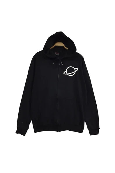 Saturn Gezegen ikonu baskılı siyah kapüşonlu sweatshirt