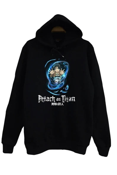 Attack on Titan baskılı siyah kapüşonlu sweatshirt