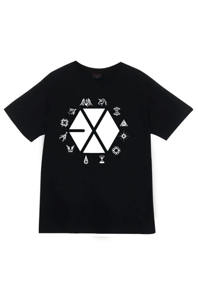 Exo Altıgen logosu ve üye baskılı siyah tişört
