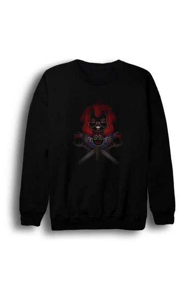 Chucky Film Kızıl saçlı korku bebeği baskılı siyah sweatshirt