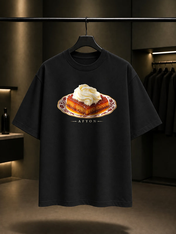 Afyon Kaymaklı Ekmek Kadayıfı baskılı siyah t-shirt