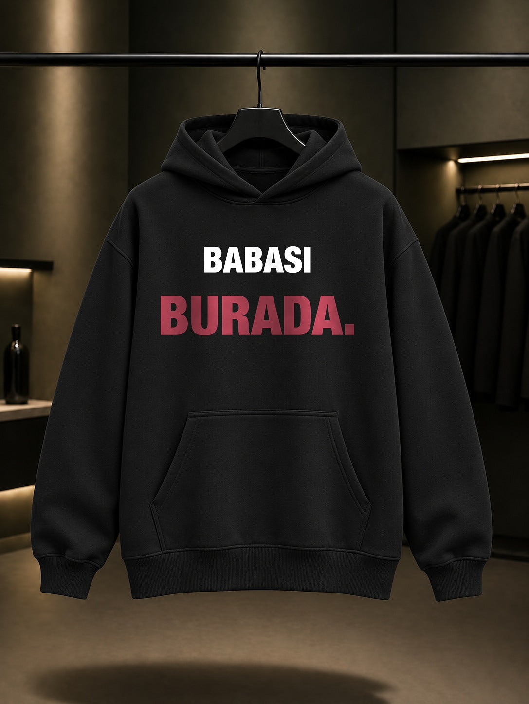 Babası Burada Yazılı Baskılı Unisex %100 Pamuk Kapüşonlu Sweatshirt — Siyah