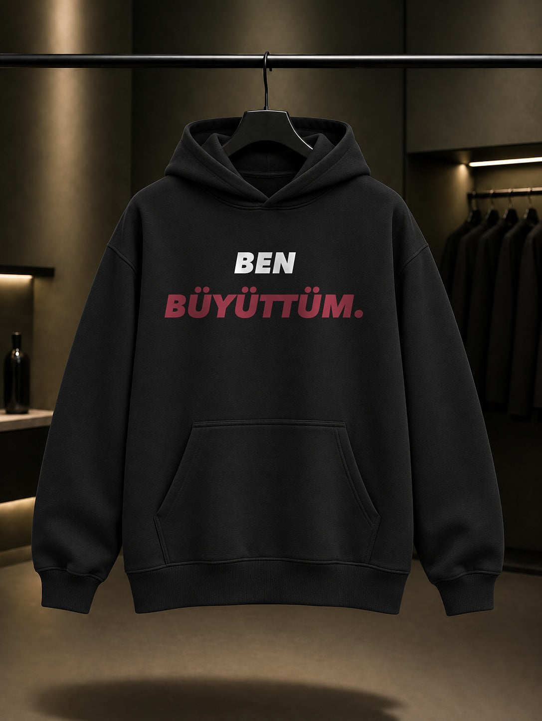 Ben Büyüttüm Yazılı Baskılı Unisex %100 Pamuk Kapüşonlu Sweatshirt — Siyah