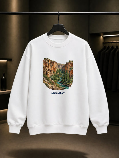 Aksaray Ihlara Vadisi baskılı beyaz sweatshirt