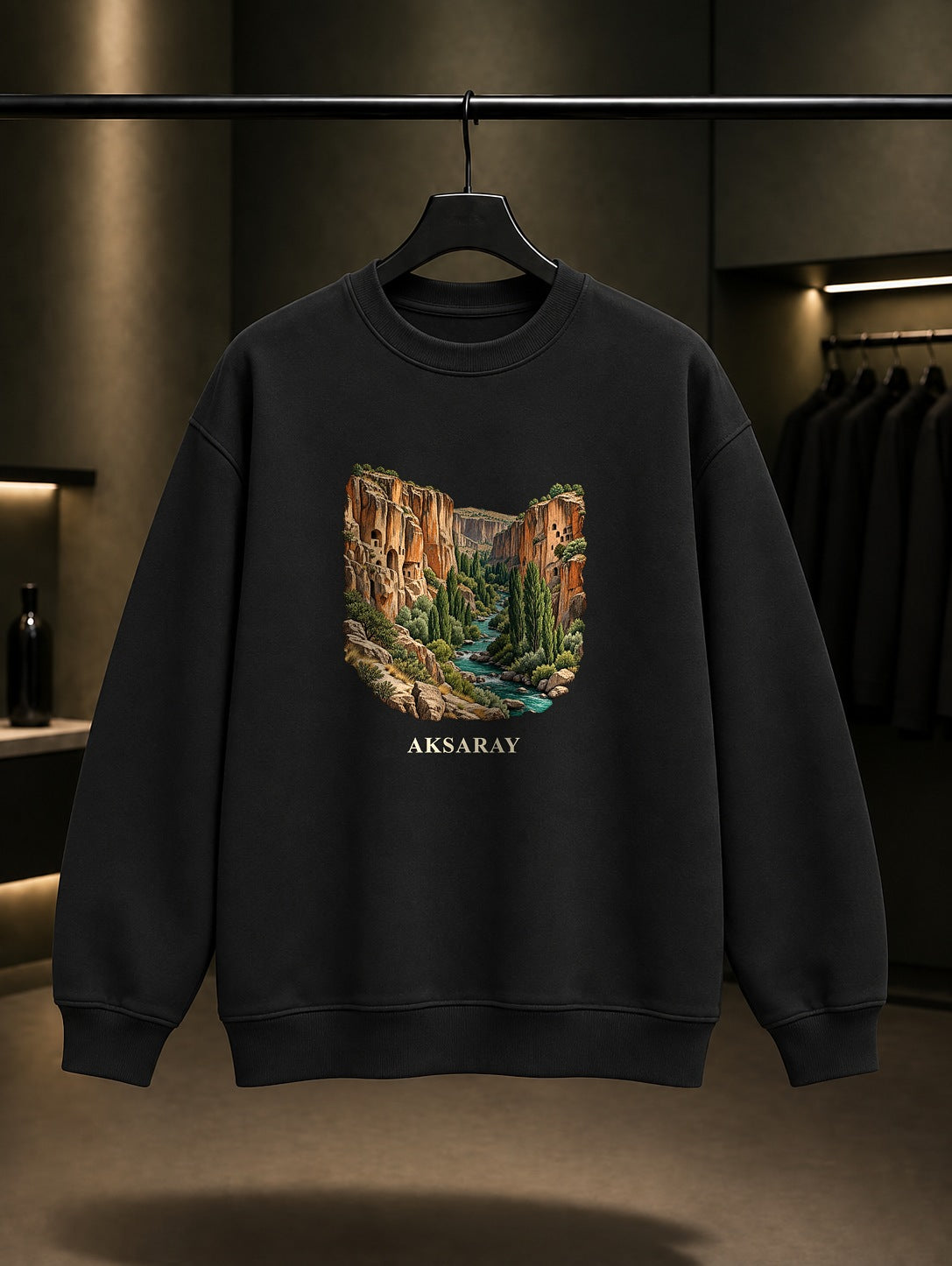 Aksaray Ihlara Vadisi baskılı siyah sweatshirt