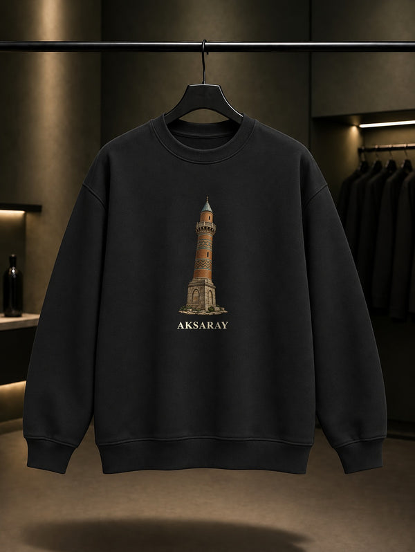 Aksaray Eğri Minare baskılı siyah sweatshirt