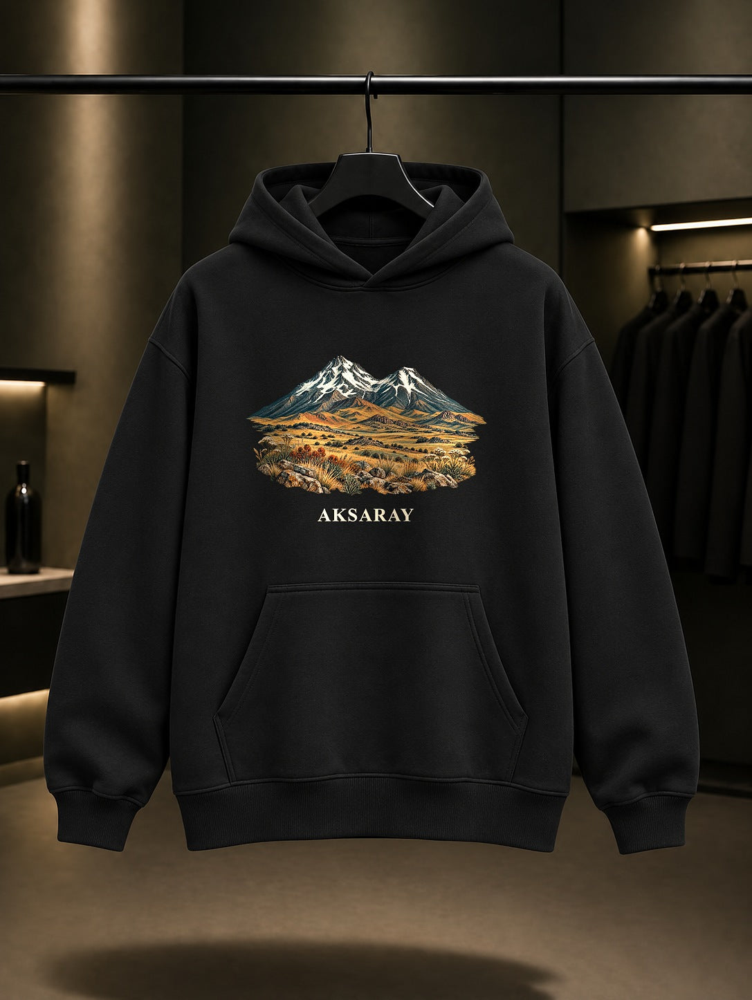 Aksaray Hasandağı baskılı siyah kapüşonlu sweatshirt