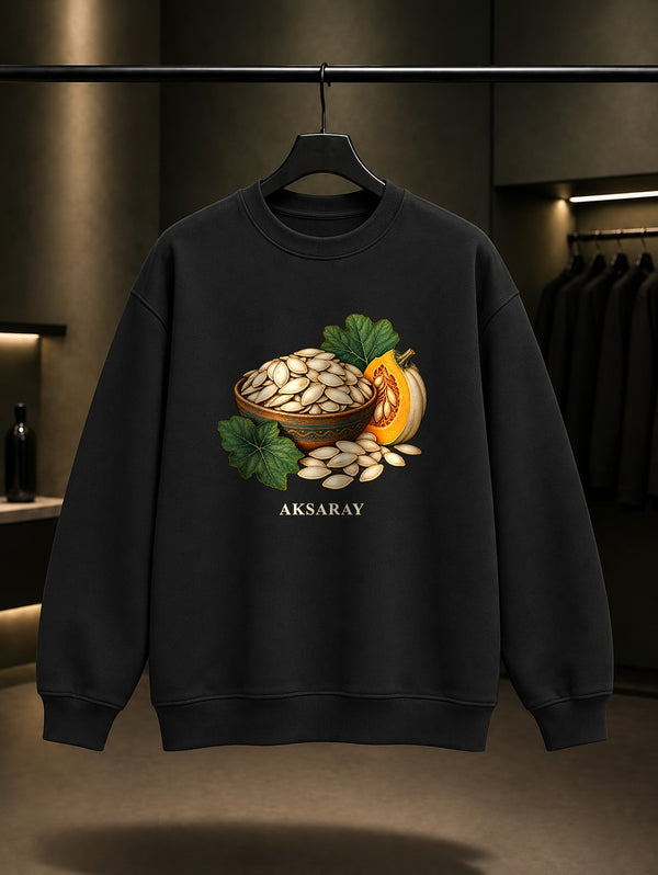 Aksaray Kabak Çekirdeği baskılı siyah sweatshirt