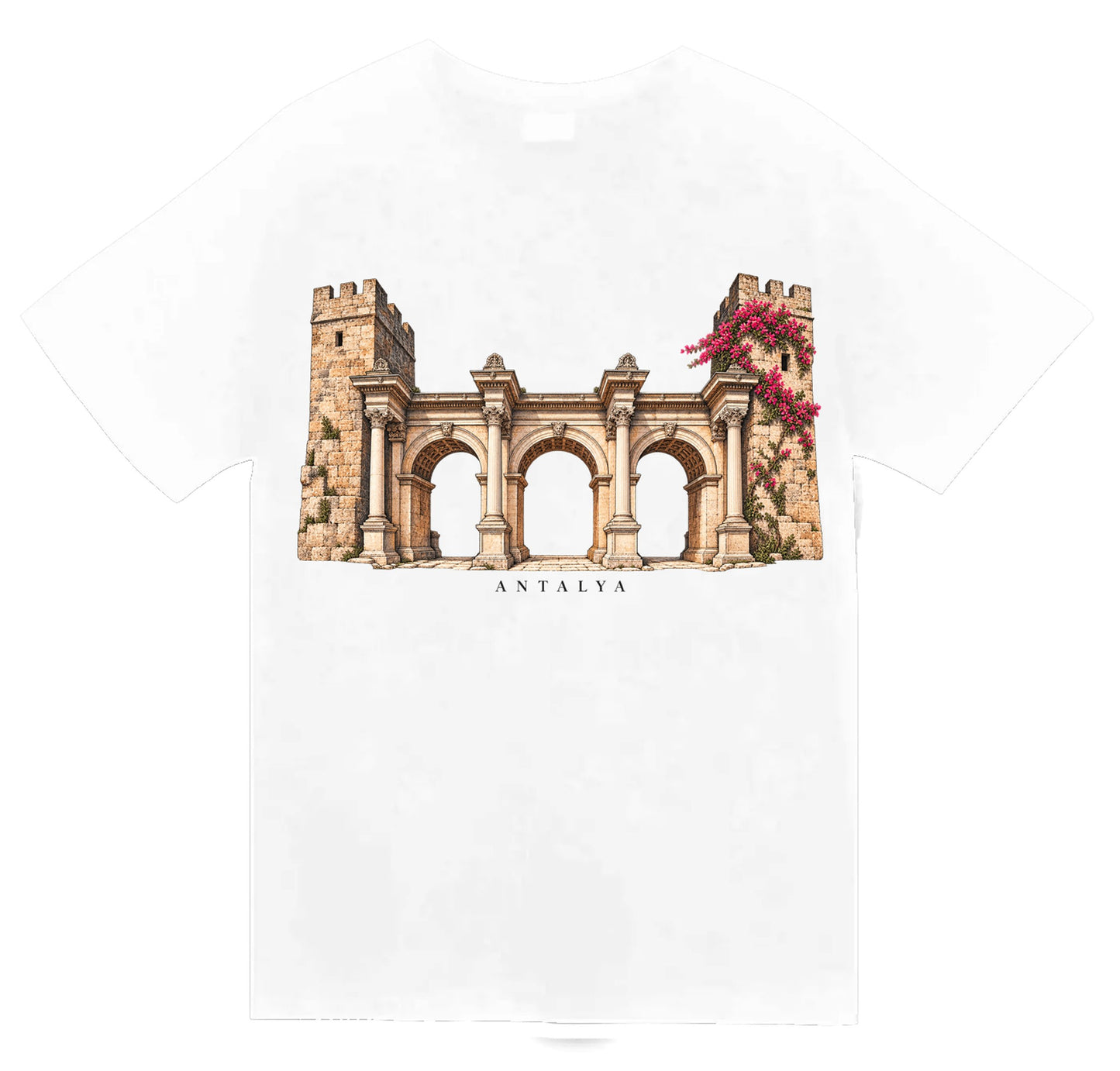 Antalya Hadrian Kapısı baskılı beyaz t-shirt