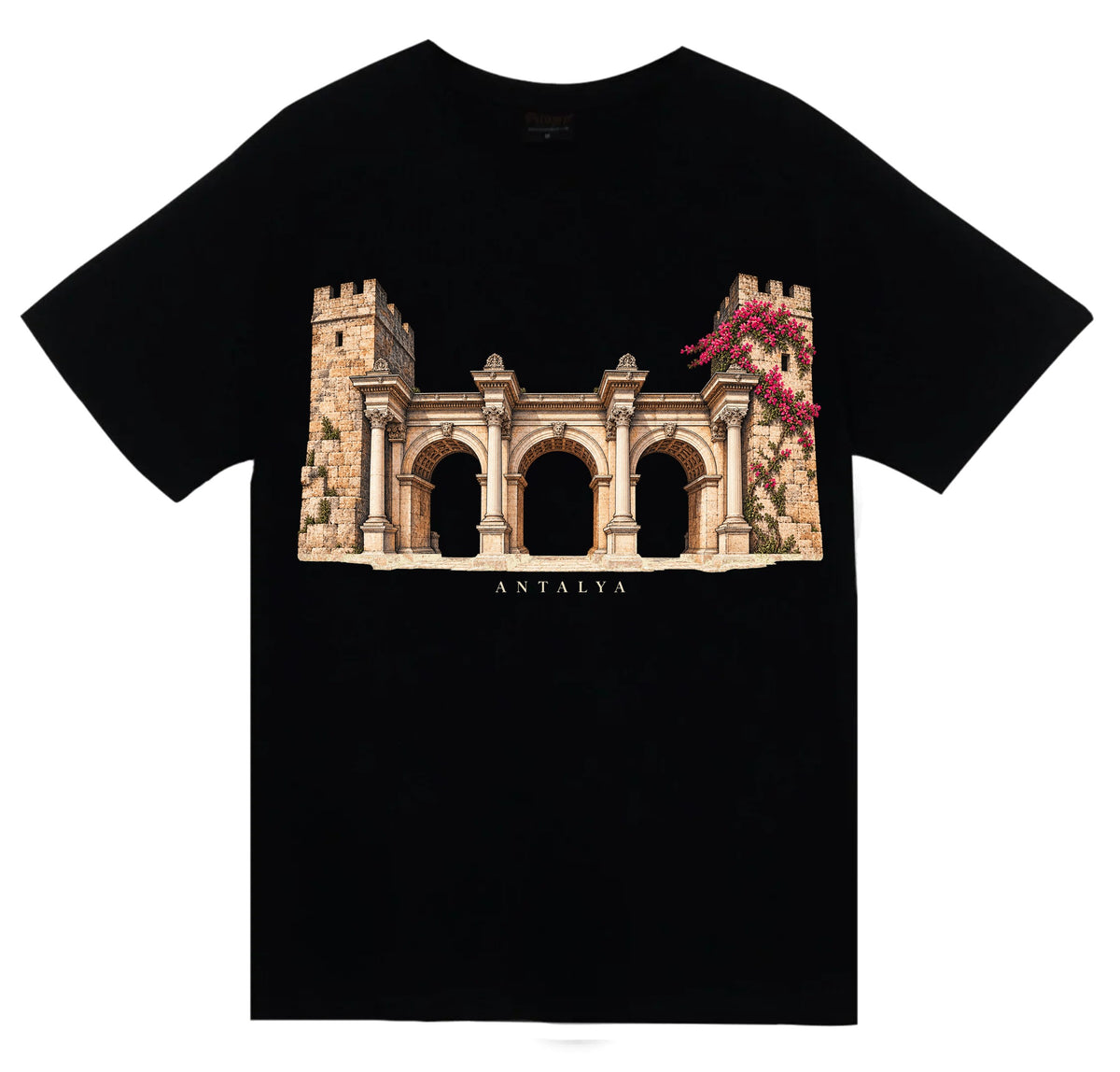 Antalya Hadrian Kapısı baskılı siyah t-shirt