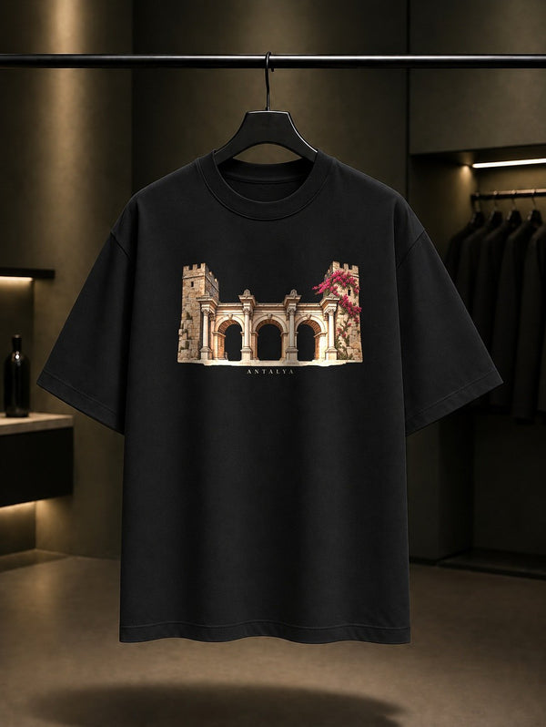 Antalya Hadrian Kapısı Baskılı Unisex %100 Pamuk Tişört – Siyah