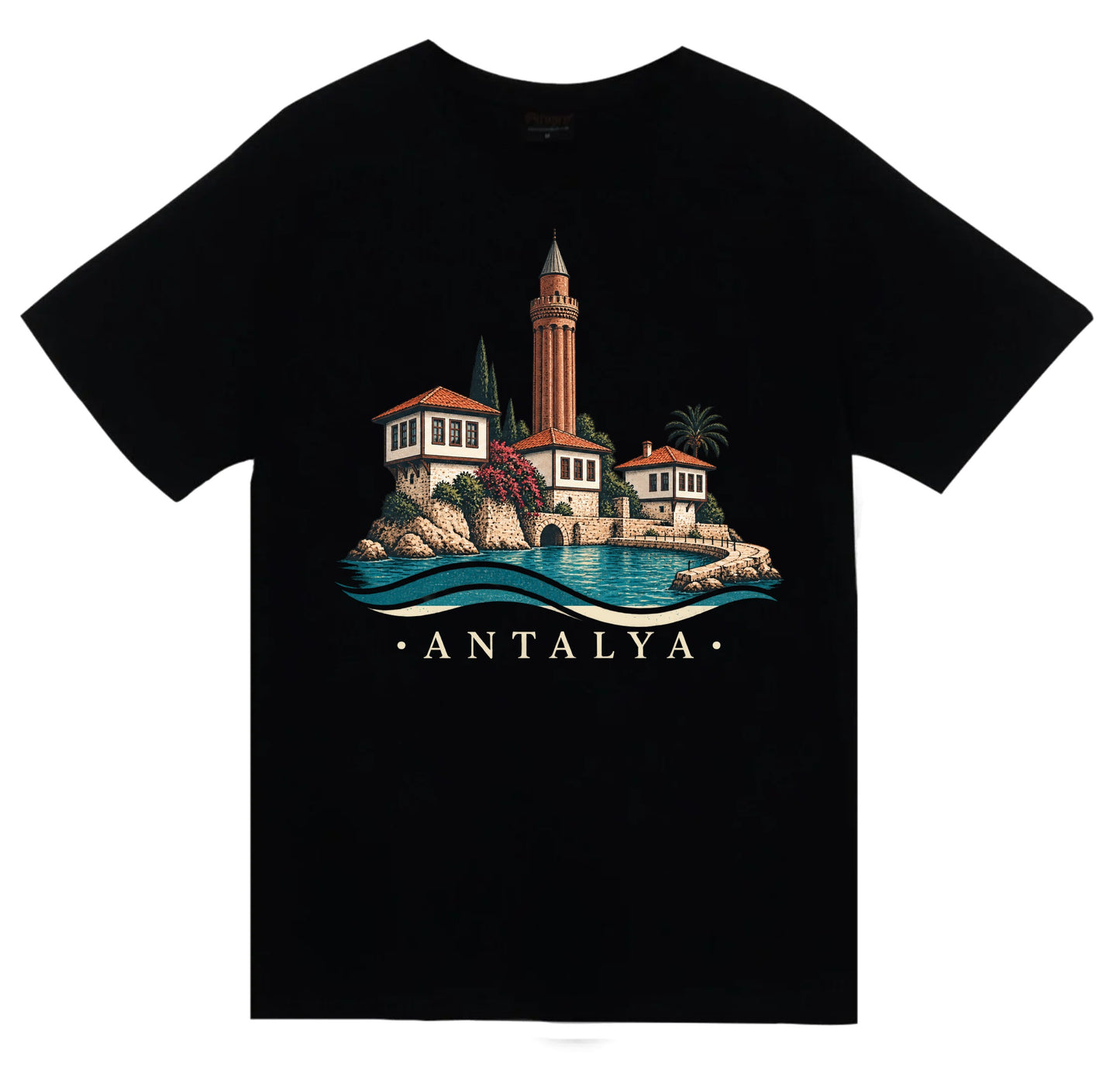 Antalya Yivli Minare baskılı siyah t-shirt