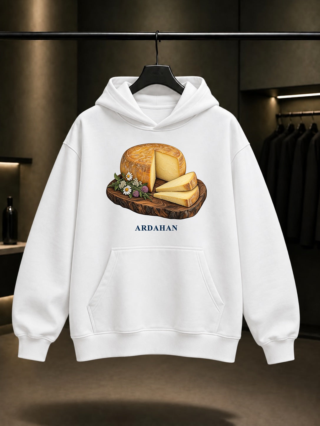 Ardahan Göle Kaşarı baskılı beyaz kapüşonlu sweatshirt