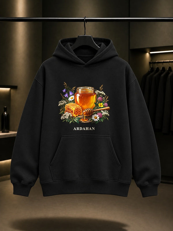Ardahan Çiçek Balı baskılı siyah kapüşonlu sweatshirt