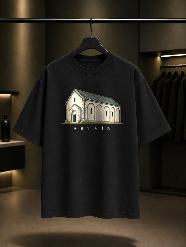 Artvin Barhal Kilisesi baskılı siyah t-shirt