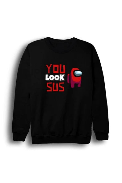fame-stoned Unisex Siyah Among Us Oyun Baskılı Bisiklet Yaka Sweatshirt