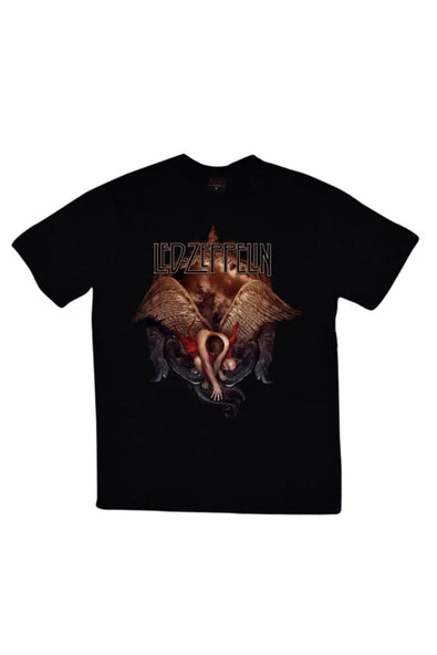 fame-stoned  Led Zeppelin Baskılı Unisex %100 Pamuk Siyah T-shirt