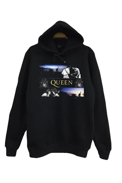 Queen Fotoğraf kolajı ve logo baskılı siyah kapüşonlu sweatshirt
