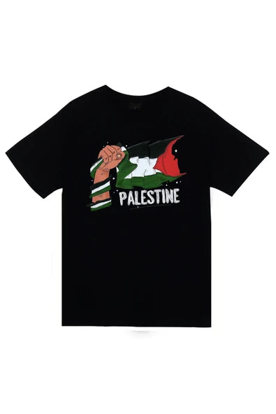 fame-stoned Free Palestine, Özgür Filistin Bayrağı Baskılı Unisex %100 Pamuk Siyah T-shirt