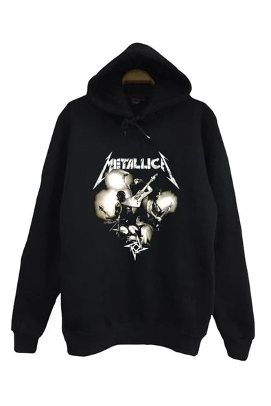 Metallica Logosu ve kurukafa/gitar baskılı siyah kapüşonlu sweatshirt