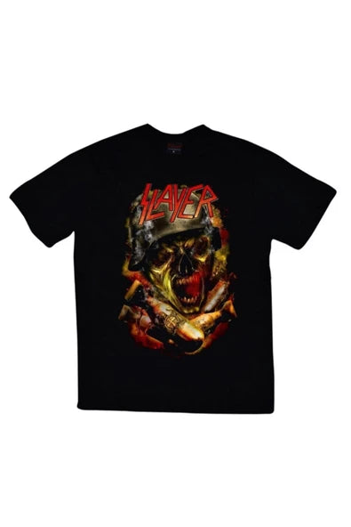 Slayer Logosu ve miğferli/kılıçlı kurukafa baskılı siyah tişört