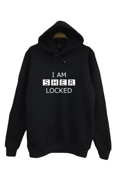 Sherlock Holmes I AM SHERLOCKED' yazısı baskılı siyah kapüşonlu sweatshirt