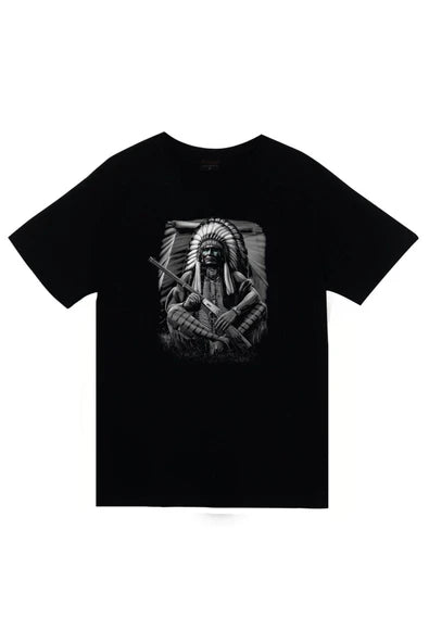 fame-stoned  Kızılderili Baskılı Unisex %100 Pamuk Siyah T-shirt