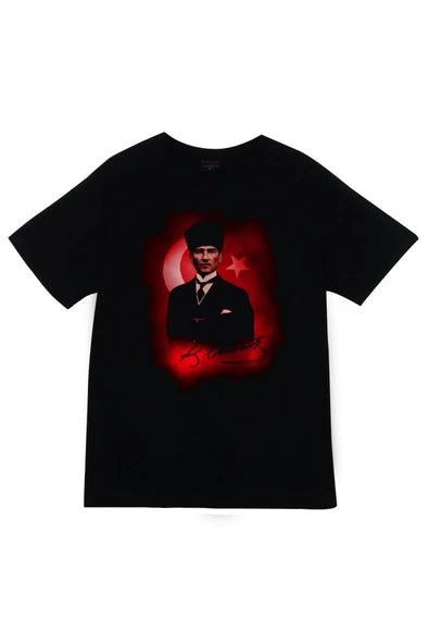 fame-stoned  Gazi Mustafa Kemal Atatürk Baskılı Unisex %100 Pamuk Siyah T-shirt