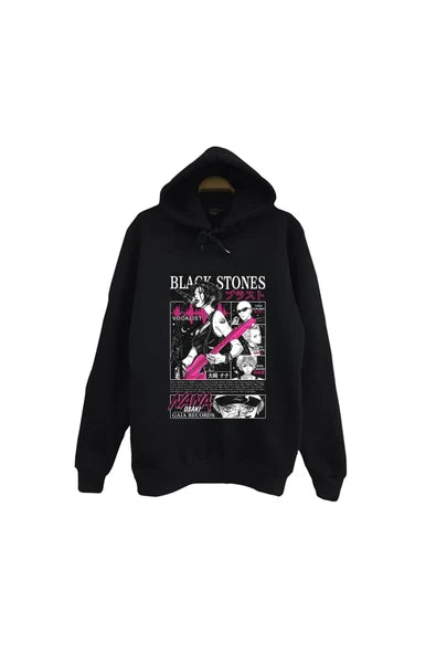 fame-stoned Black Stones Nana Baskılı Unisex %100 Pamuk Kapüşonlu Siyah Sweatshirt