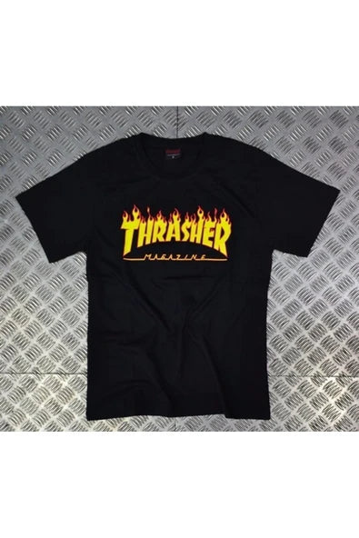 fame-stoned  Thrasher Baskılı Unisex %100 Pamuk Siyah T-shirt