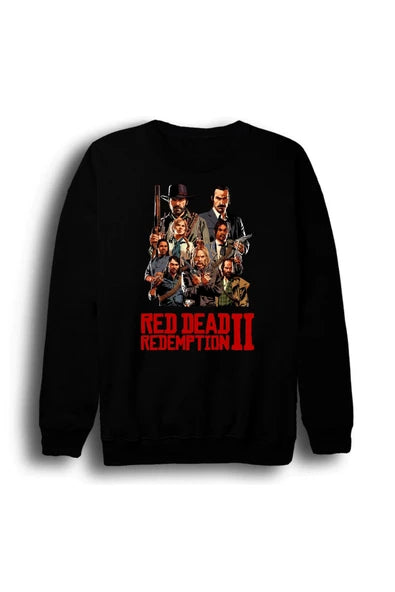 fame-stoned Red Dead Redemption 2 - Oyun Baskılı Unisex %100 Pamuk Bisiklet Yaka Siyah Sweatshirt